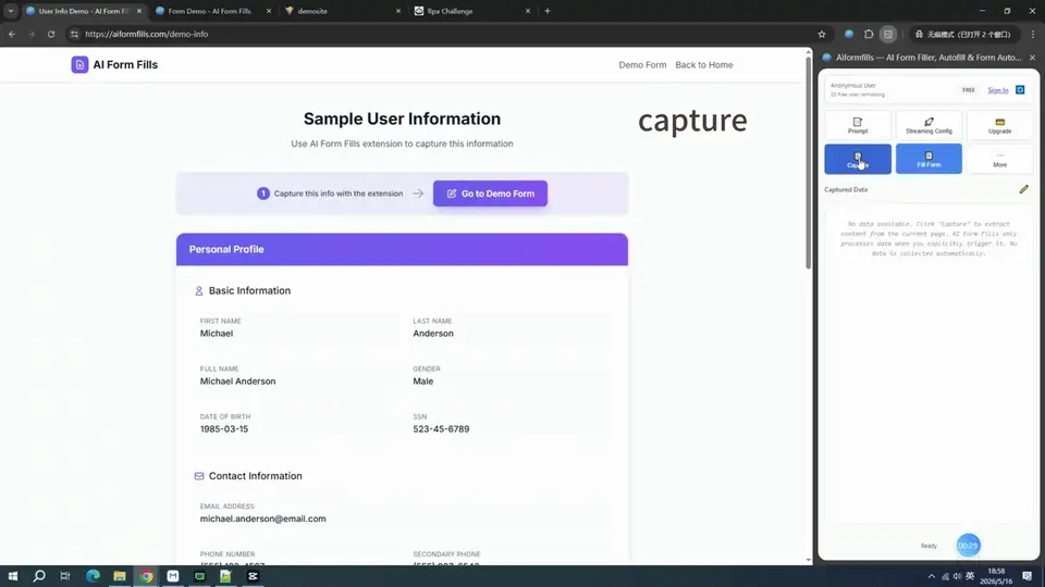 AI Form Fills capturing data from a web page and automatically filling a form