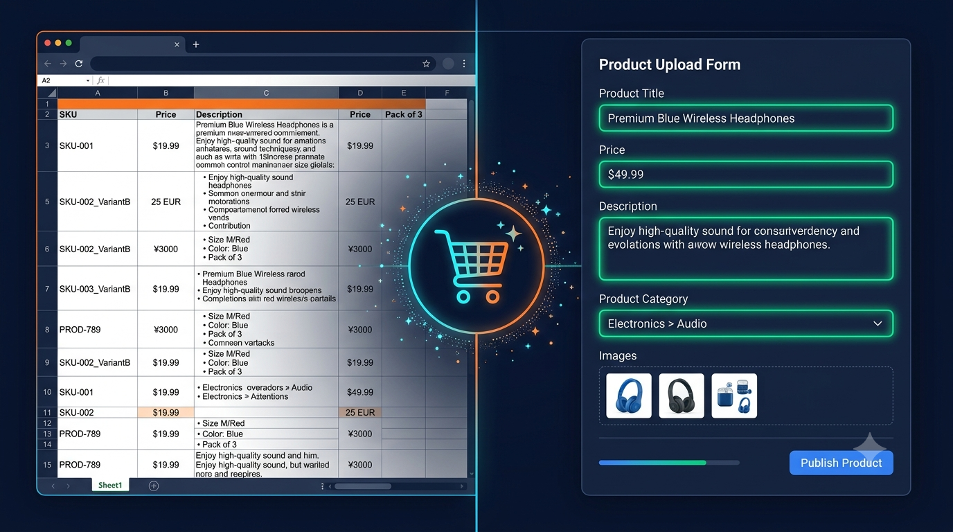 Copy product data from spreadsheets and auto-fill Shopify, WooCommerce, and Amazon listing forms with AI Form Fills