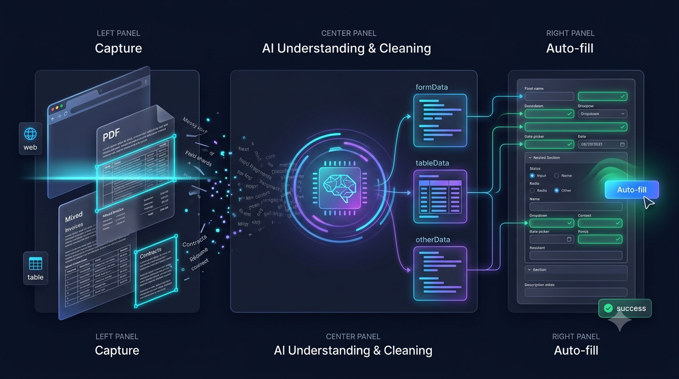 AI Form Fills workflow: capture data from any source, AI understands and cleans it, then auto-fill any web form